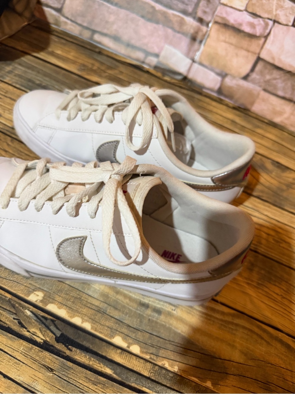 Nike Women's White Sneakers with Metallic Silver Swoosh - Picture 2 of 11
